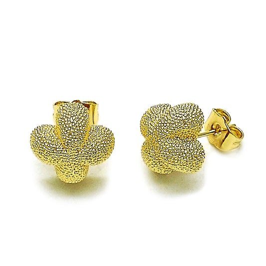 Oro Laminado Stud Earring, Gold Filled Style Flower and Four-leaf Clover Design, Matte Finish, Golden Finish