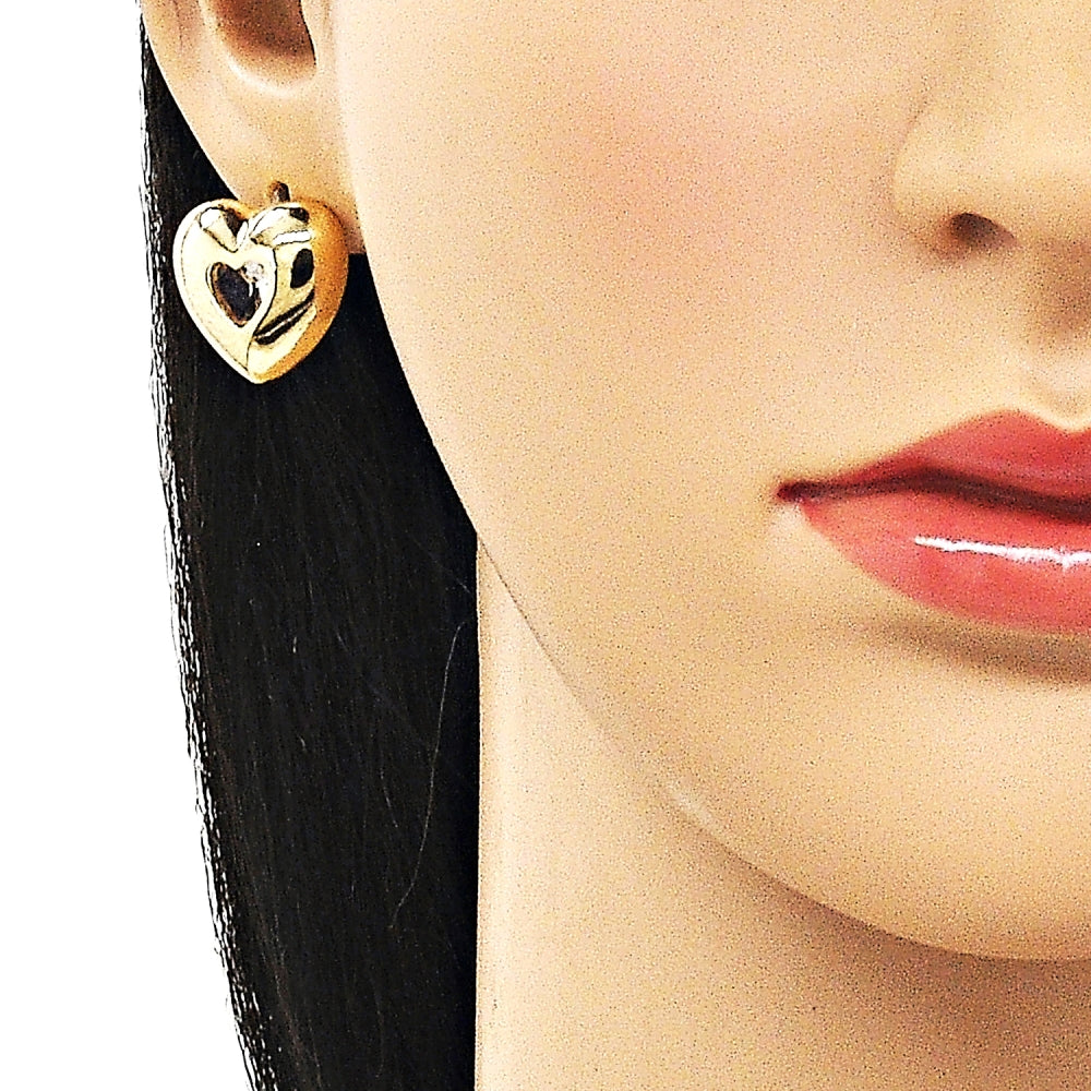 Oro Laminado Stud Earring, Gold Filled Style Heart Design, with White Cubic Zirconia, Polished, Golden Finish