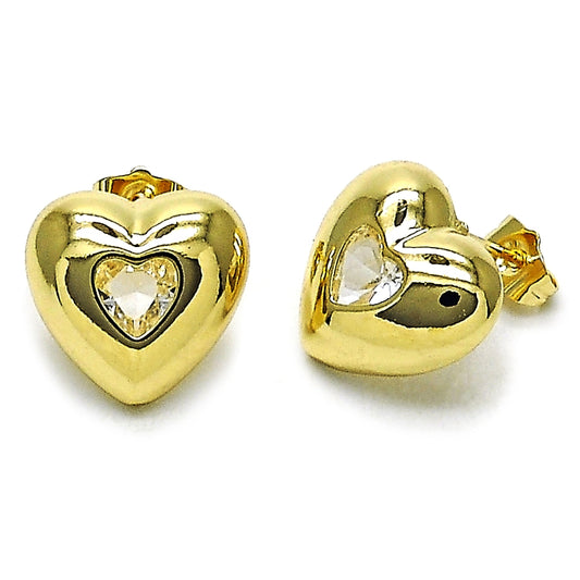 Oro Laminado Stud Earring, Gold Filled Style Heart Design, with White Cubic Zirconia, Polished, Golden Finish