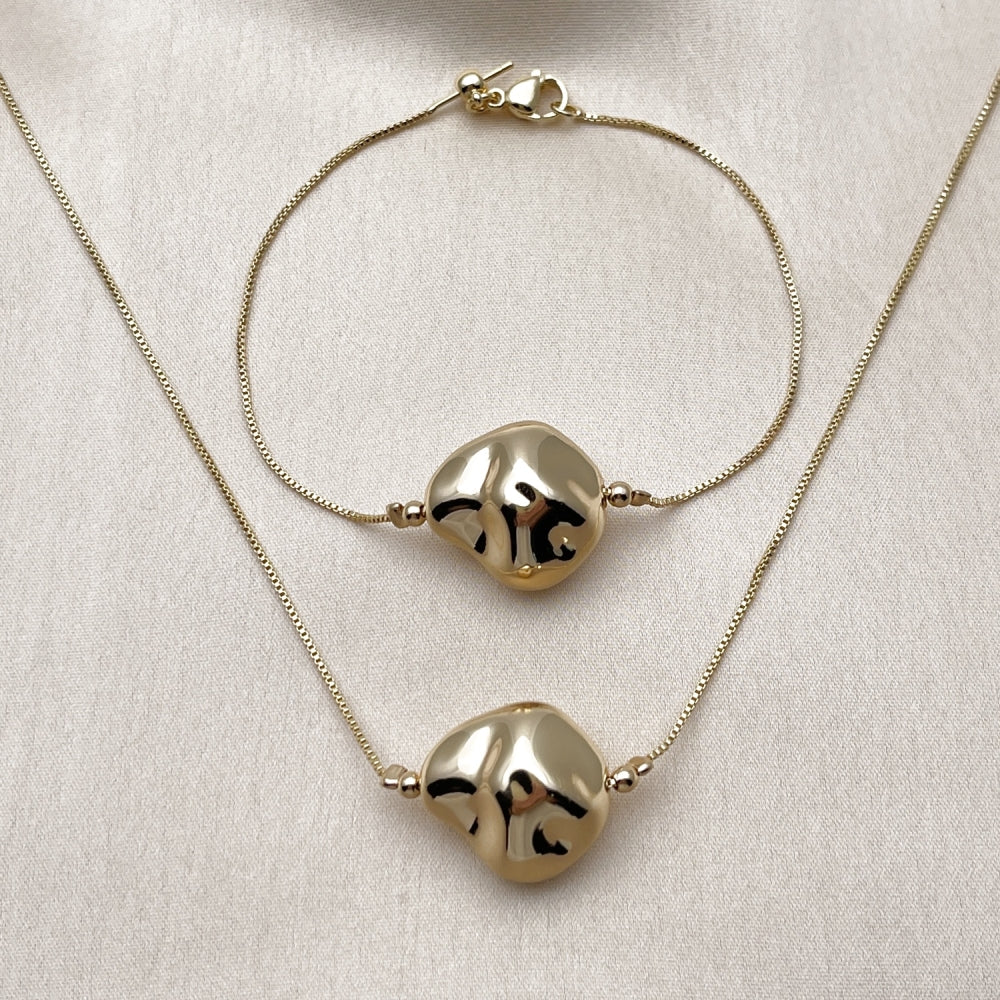 Oro Laminado Necklace and Bracelet, Gold Filled Style Box Design, Polished, Golden Finish