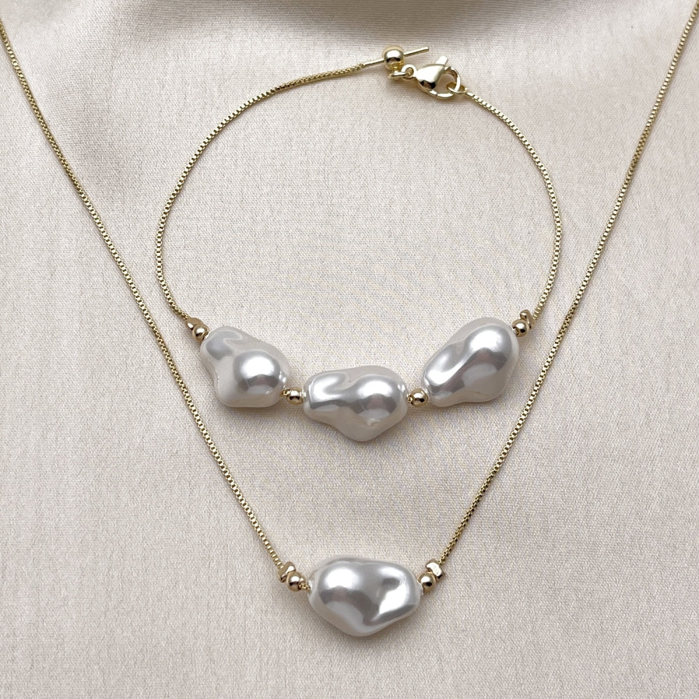 Oro Laminado Necklace and Bracelet, Gold Filled Style Box Design, with Ivory Pearl, Polished, Golden Finish