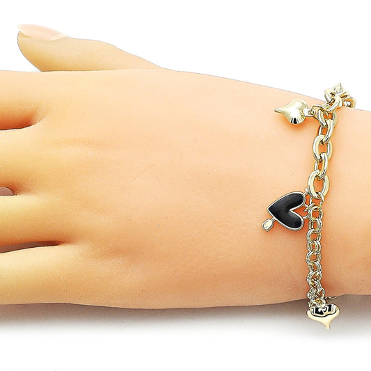 Oro Laminado Charm Bracelet, Gold Filled Style Heart Design, Black Enamel Finish, Golden Finish