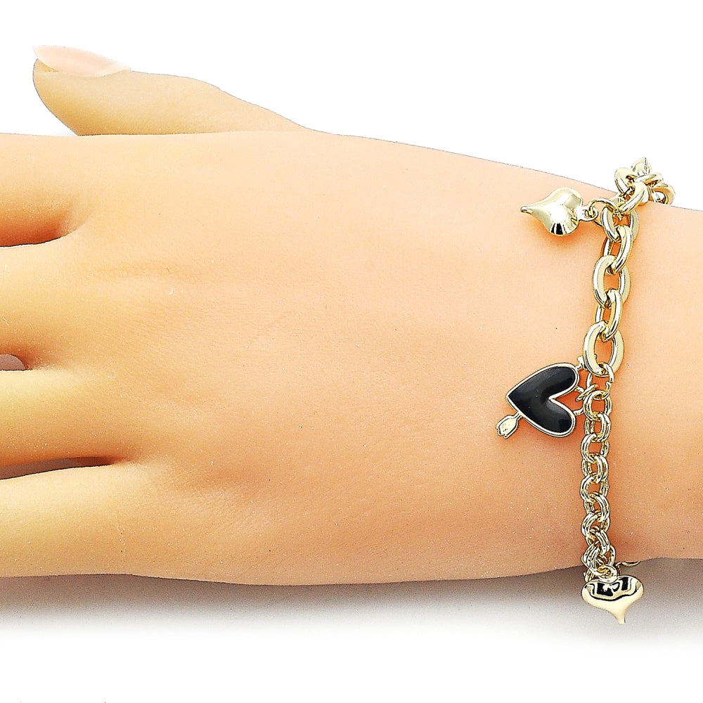 Oro Laminado Charm Bracelet, Gold Filled Style Heart Design, Black Enamel Finish, Golden Finish