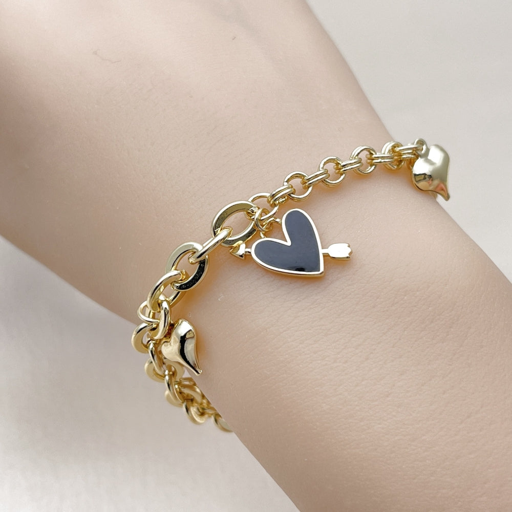 Oro Laminado Charm Bracelet, Gold Filled Style Heart Design, Black Enamel Finish, Golden Finish
