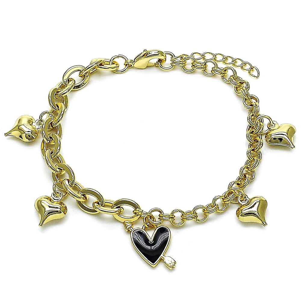 Oro Laminado Charm Bracelet, Gold Filled Style Heart Design, Black Enamel Finish, Golden Finish