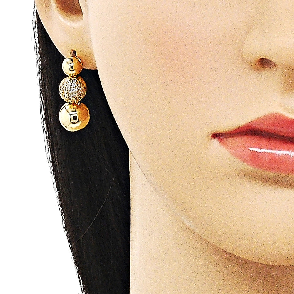 Oro Laminado Stud Earring, Gold Filled Style Ball Design, with White Micro Pave, Polished, Golden Finish