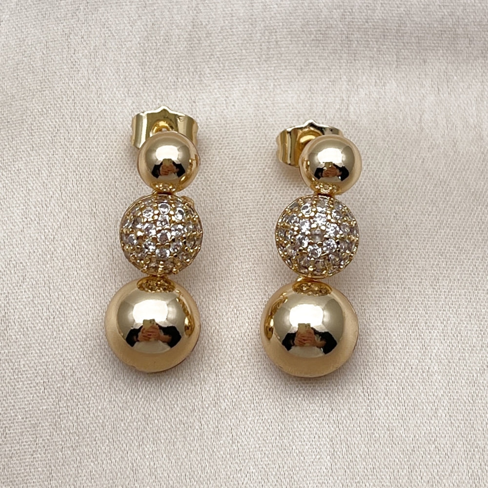 Oro Laminado Stud Earring, Gold Filled Style Ball Design, with White Micro Pave, Polished, Golden Finish