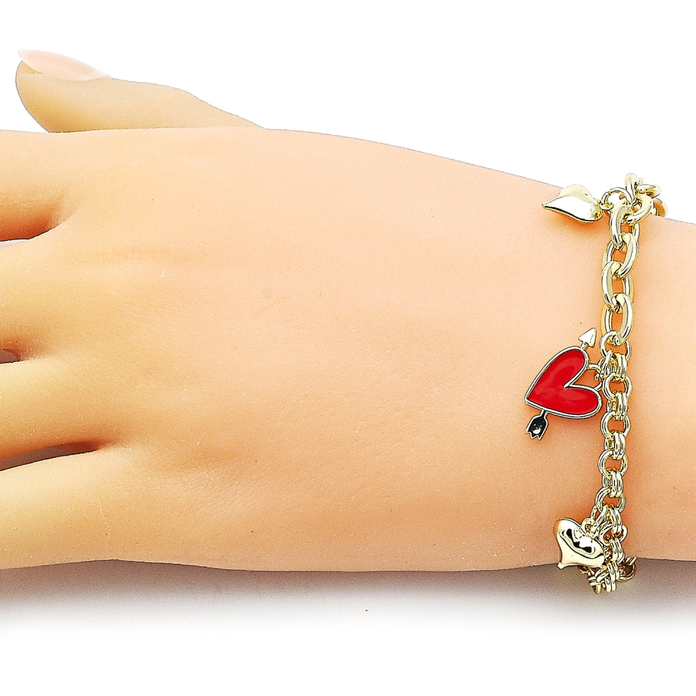Oro Laminado Charm Bracelet, Gold Filled Style Heart Design, Red Enamel Finish, Golden Finish