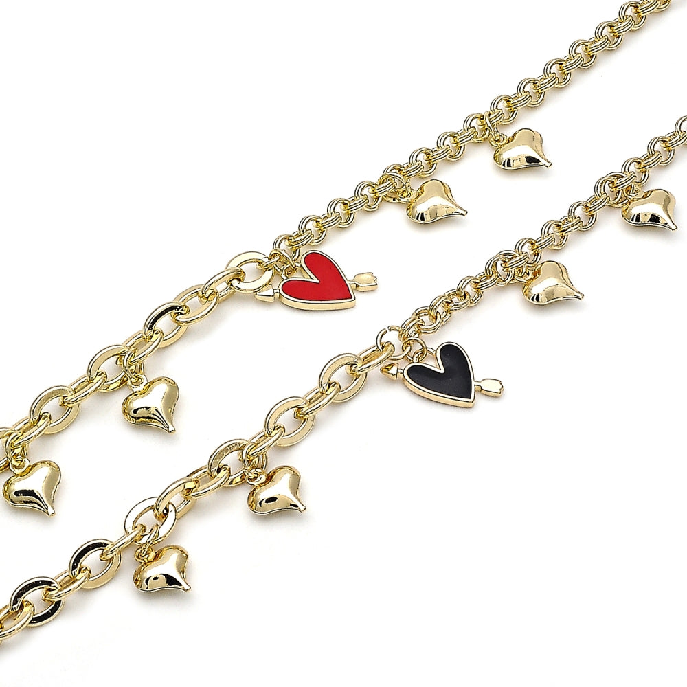 Oro Laminado Charm Bracelet, Gold Filled Style Heart Design, Red Enamel Finish, Golden Finish