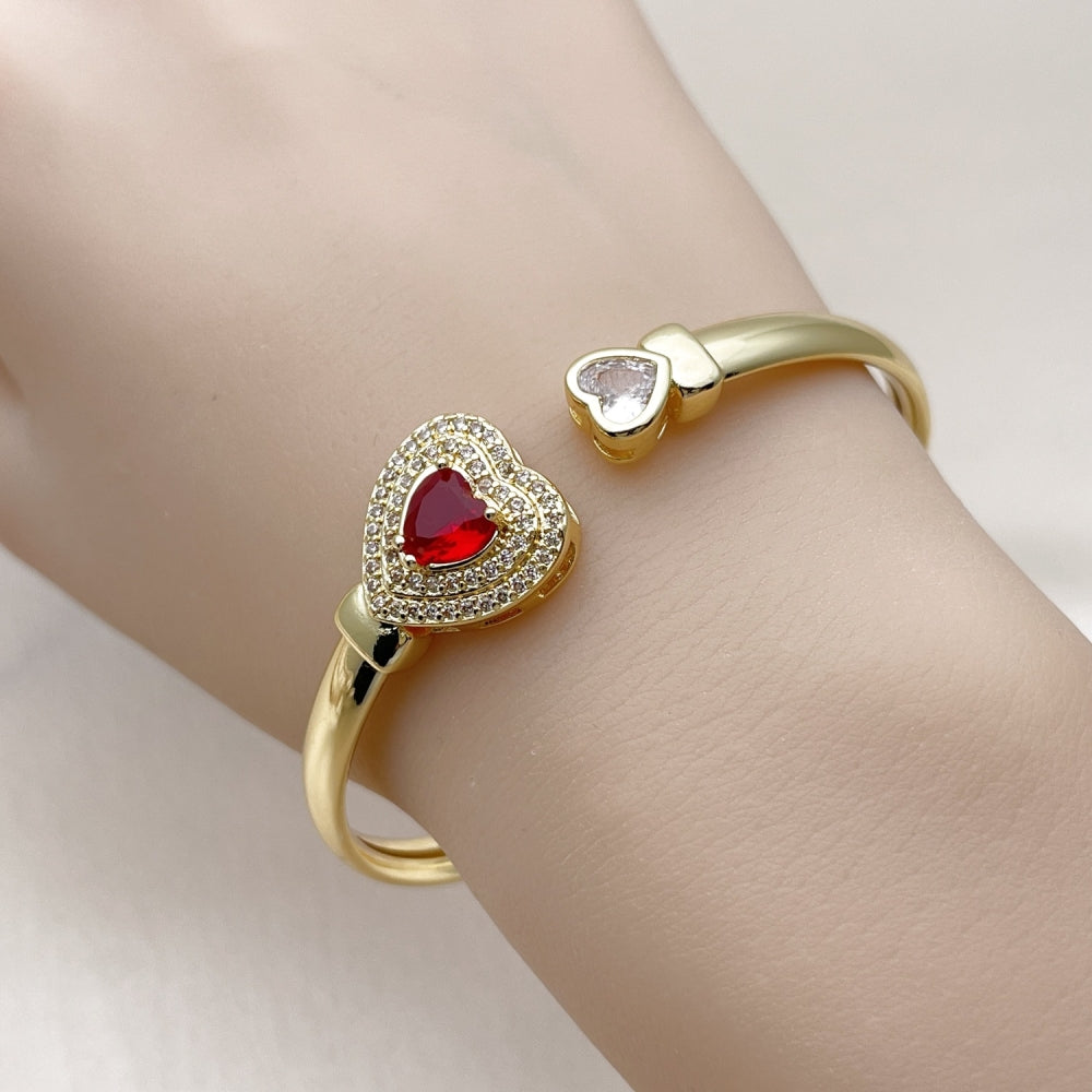Oro Laminado Individual Bangle, Gold Filled Style Heart and Cluster Design, with Garnet and White Cubic Zirconia, Polished, Golden Finish