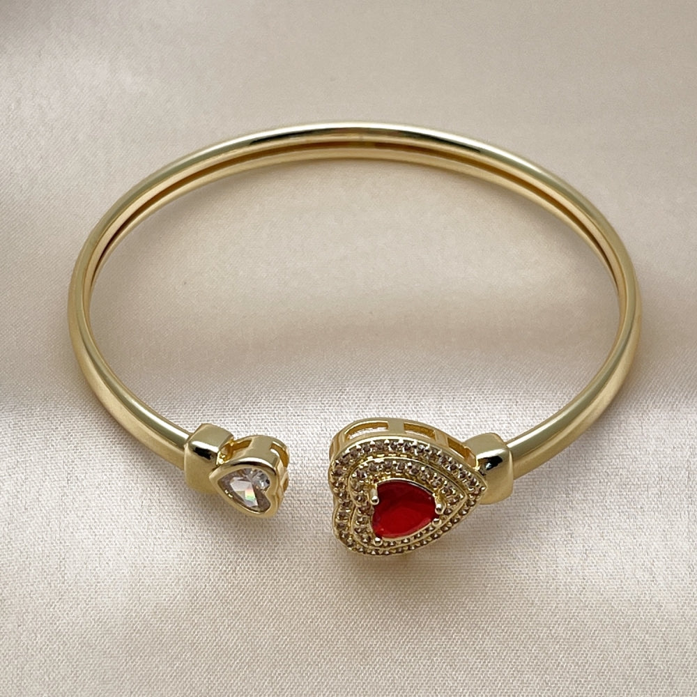 Oro Laminado Individual Bangle, Gold Filled Style Heart and Cluster Design, with Garnet and White Cubic Zirconia, Polished, Golden Finish