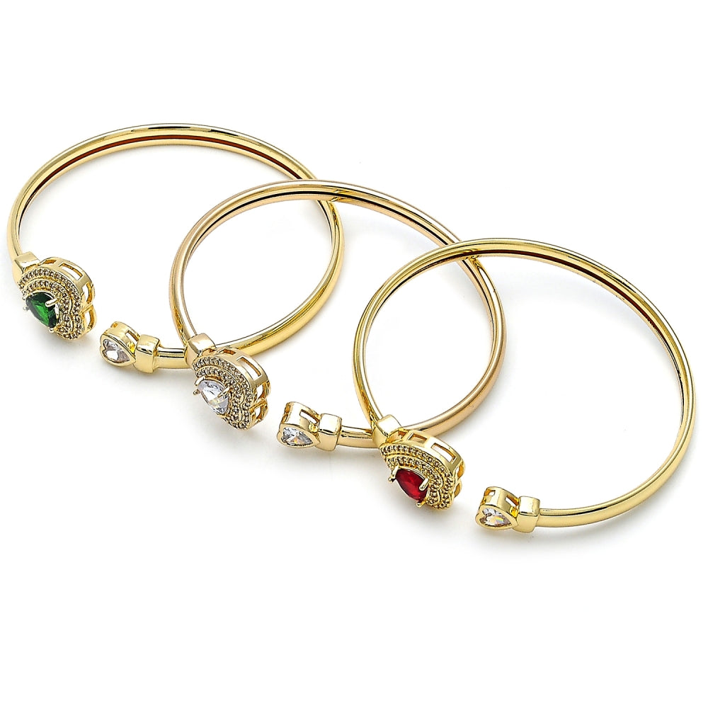 Oro Laminado Individual Bangle, Gold Filled Style Heart and Cluster Design, with Garnet and White Cubic Zirconia, Polished, Golden Finish