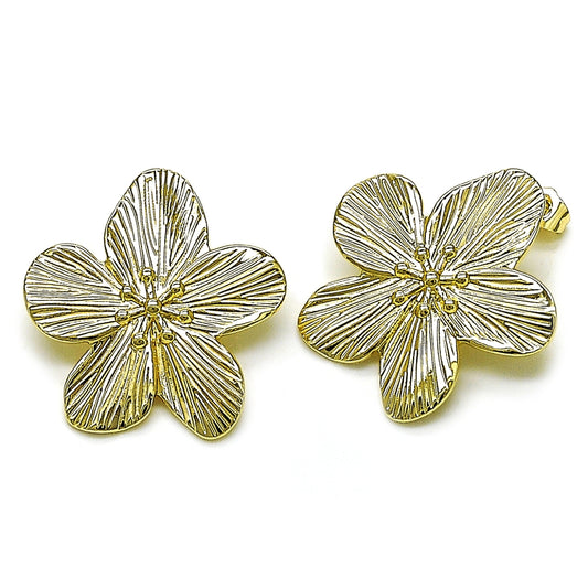 Oro Laminado Stud Earring, Gold Filled Style Flower Design, Diamond Cutting Finish, Golden Finish