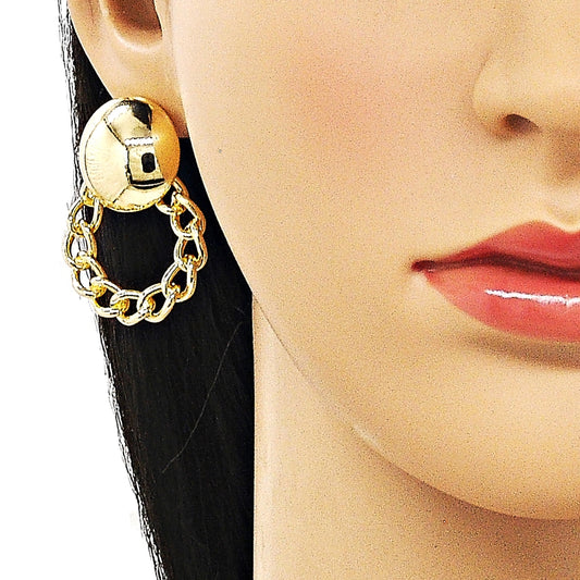Oro Laminado Stud Earring, Gold Filled Style Ball and Miami Cuban Design, Polished, Golden Finish