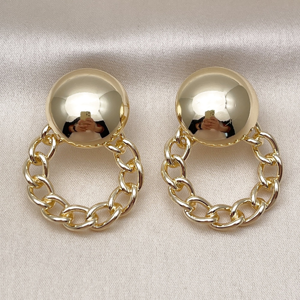 Oro Laminado Stud Earring, Gold Filled Style Ball and Miami Cuban Design, Polished, Golden Finish