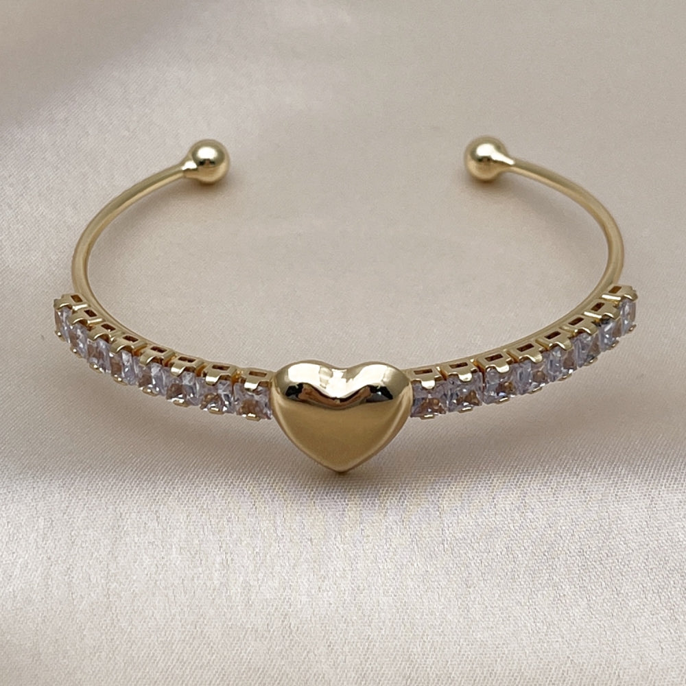 Oro Laminado Individual Bangle, Gold Filled Style Heart and Baguette Design, with White Cubic Zirconia, Polished, Golden Finish
