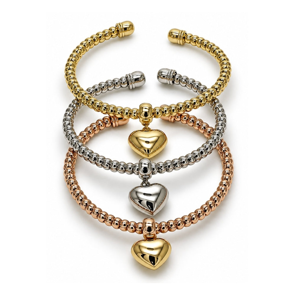 Oro Laminado Trio Bangle, Gold Filled Style Heart Design, Polished, Tricolor
