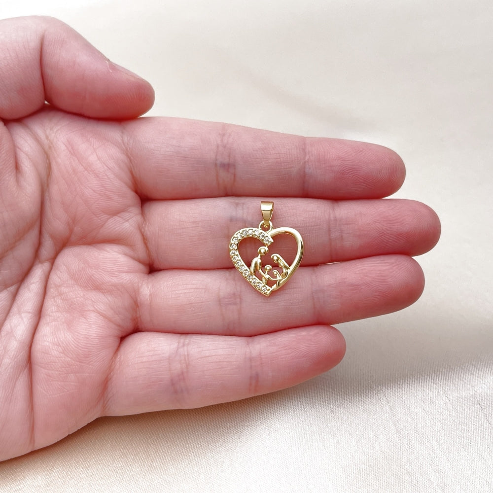 Oro Laminado Fancy Pendant, Gold Filled Style Heart and Mom Design, with White Cubic Zirconia, Polished, Golden Finish