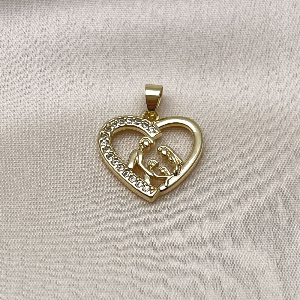 Oro Laminado Fancy Pendant, Gold Filled Style Heart and Mom Design, with White Cubic Zirconia, Polished, Golden Finish