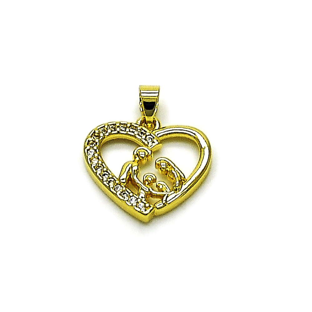 Oro Laminado Fancy Pendant, Gold Filled Style Heart and Mom Design, with White Cubic Zirconia, Polished, Golden Finish
