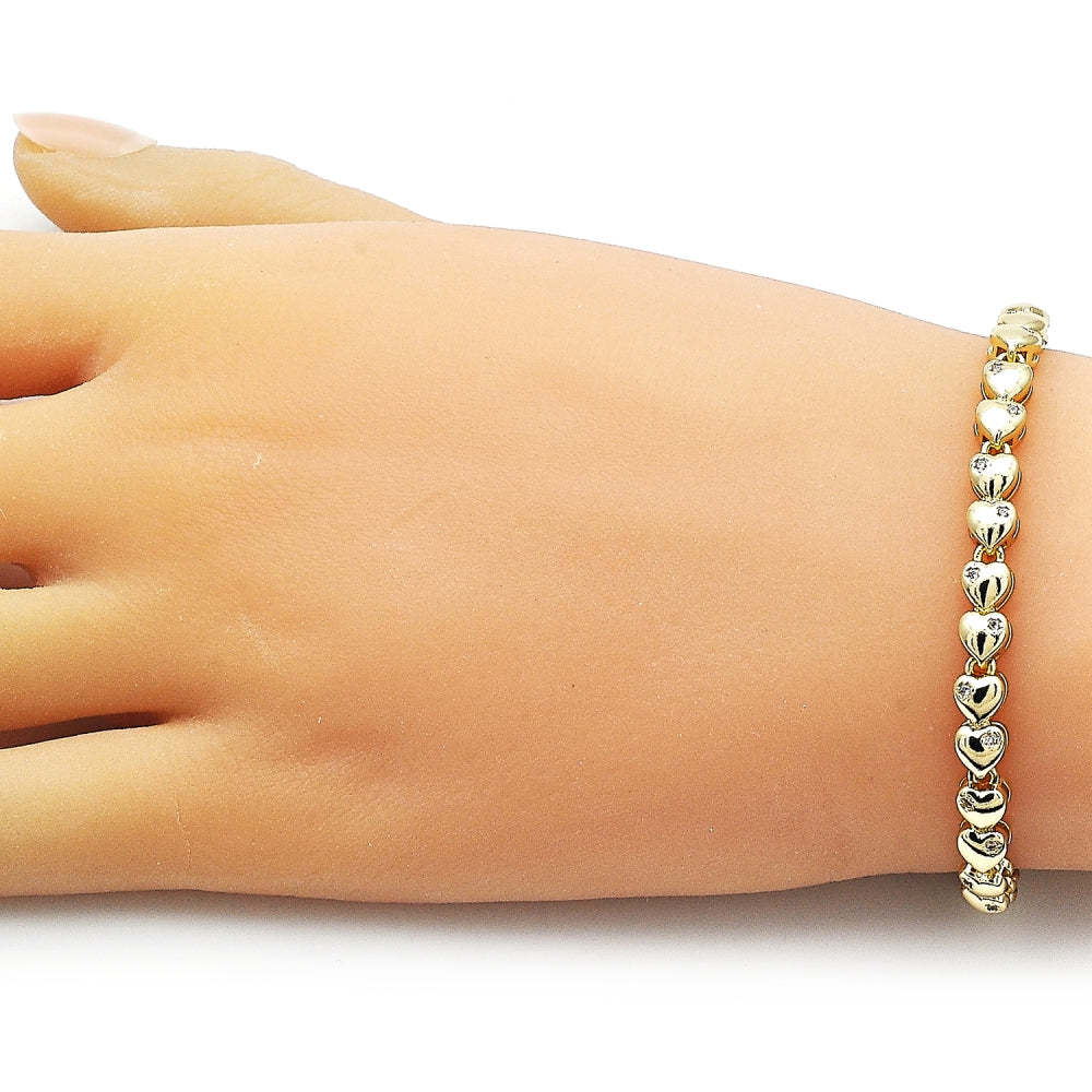 Oro Laminado Tennis Bracelet, Gold Filled Style Heart Design, with White Cubic Zirconia, Polished, Golden Finish