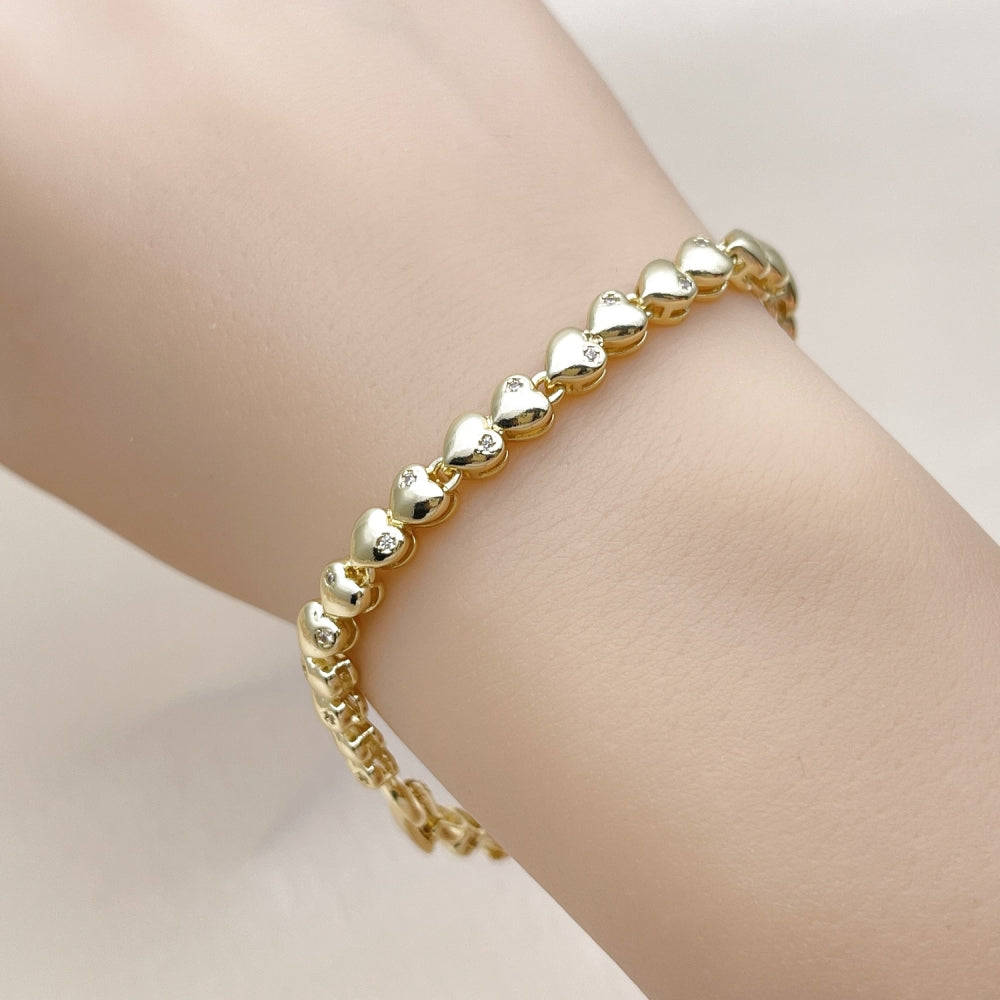 Oro Laminado Tennis Bracelet, Gold Filled Style Heart Design, with White Cubic Zirconia, Polished, Golden Finish