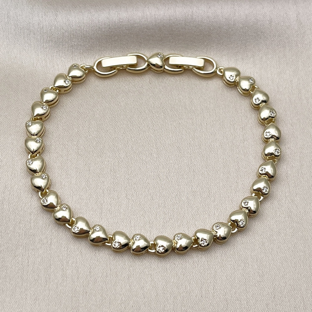 Oro Laminado Tennis Bracelet, Gold Filled Style Heart Design, with White Cubic Zirconia, Polished, Golden Finish