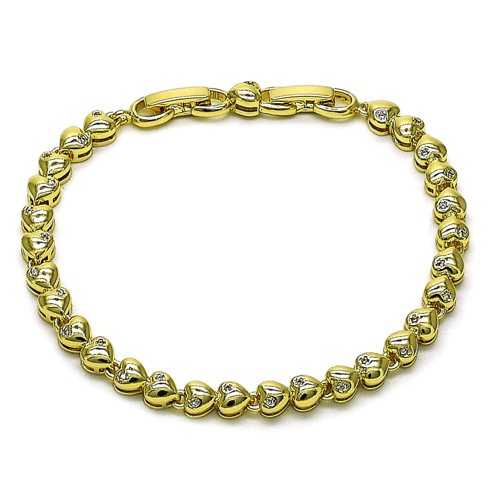 Oro Laminado Tennis Bracelet, Gold Filled Style Heart Design, with White Cubic Zirconia, Polished, Golden Finish