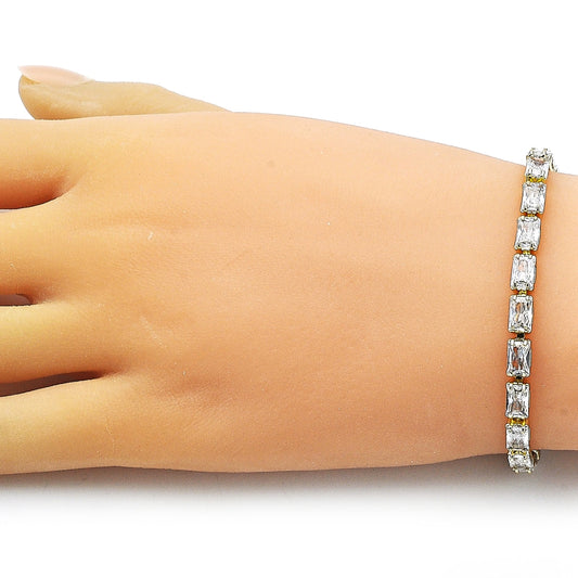 Oro Laminado Tennis Bracelet, Gold Filled Style Baguette Design, with White Cubic Zirconia, Polished, Golden Finish