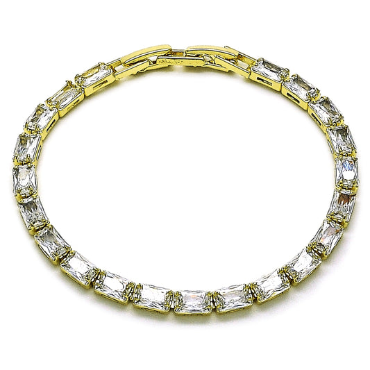 Oro Laminado Tennis Bracelet, Gold Filled Style Baguette Design, with White Cubic Zirconia, Polished, Golden Finish