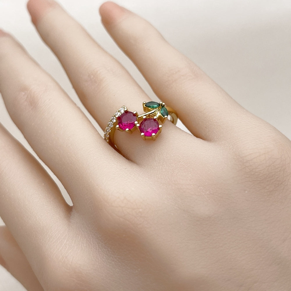 Oro Laminado Elegant Ring, Gold Filled Style Cherry Design, with Ruby and Green Cubic Zirconia, Polished, Golden Finish
