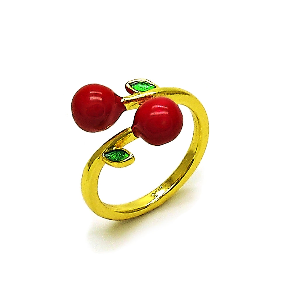 Oro Laminado Elegant Ring, Gold Filled Style Cherry Design, Red Enamel Finish, Golden Finish