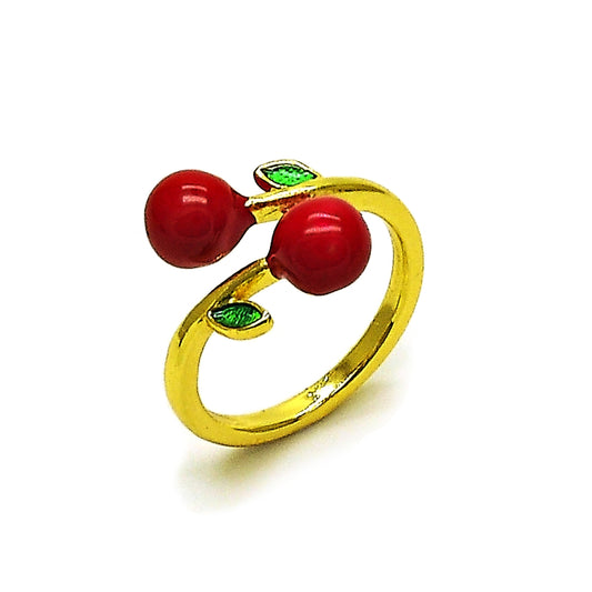 Oro Laminado Elegant Ring, Gold Filled Style Cherry Design, Red Enamel Finish, Golden Finish