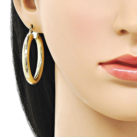 Oro Laminado Medium Hoop, Gold Filled Style Hollow Design, Diamond Cutting Finish, Golden Finish