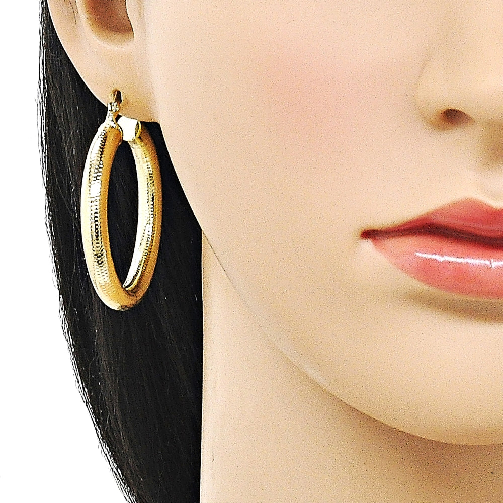 Oro Laminado Medium Hoop, Gold Filled Style Hollow Design, Diamond Cutting Finish, Golden Finish