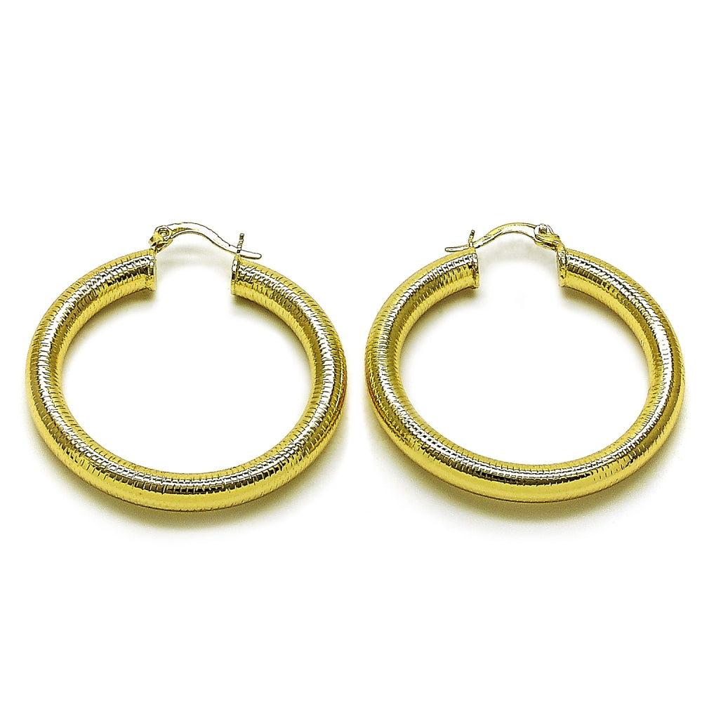 Oro Laminado Medium Hoop, Gold Filled Style Hollow Design, Diamond Cutting Finish, Golden Finish