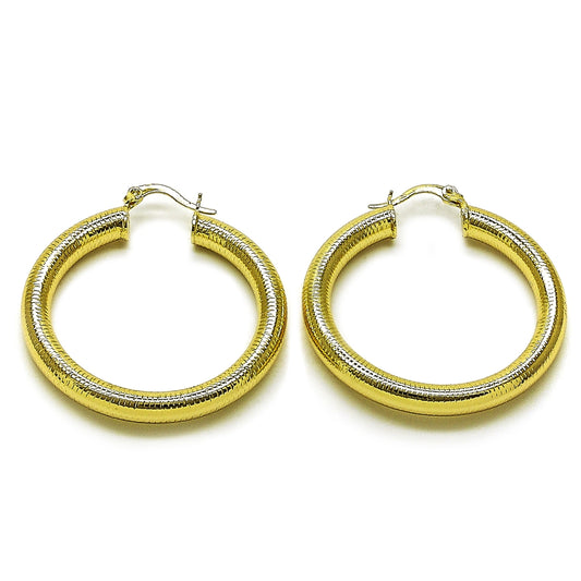Oro Laminado Medium Hoop, Gold Filled Style Hollow Design, Diamond Cutting Finish, Golden Finish