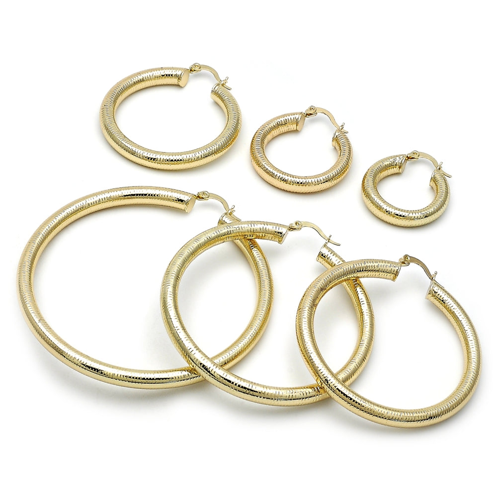 Oro Laminado Medium Hoop, Gold Filled Style Hollow Design, Diamond Cutting Finish, Golden Finish