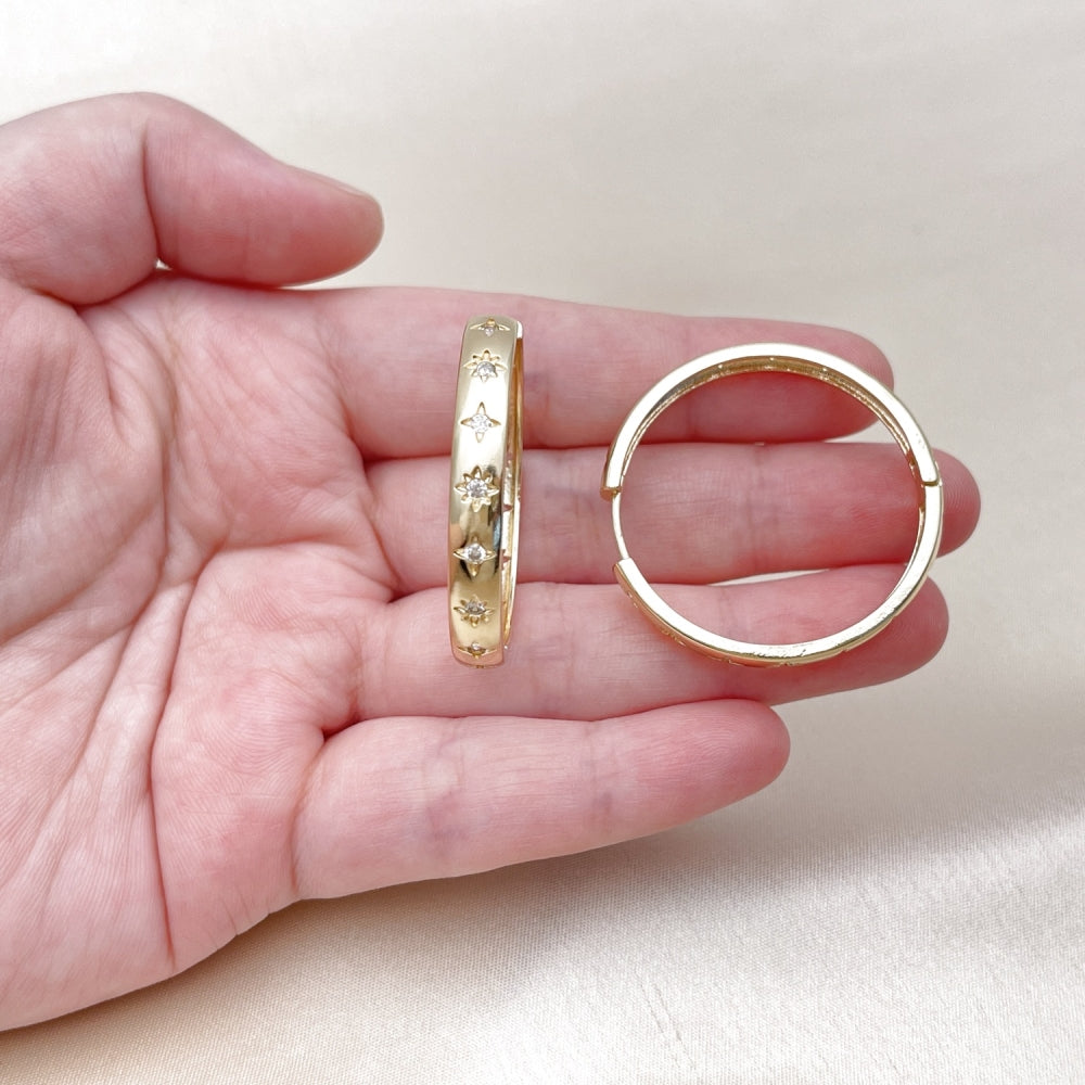 Oro Laminado Huggie Hoop, Gold Filled Style Star Design, with White Cubic Zirconia, Polished, Golden Finish