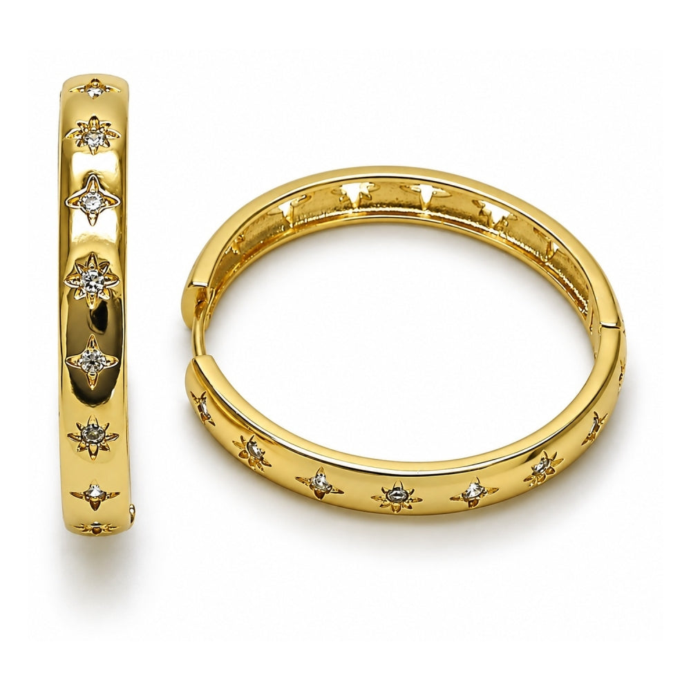 Oro Laminado Huggie Hoop, Gold Filled Style Star Design, with White Cubic Zirconia, Polished, Golden Finish