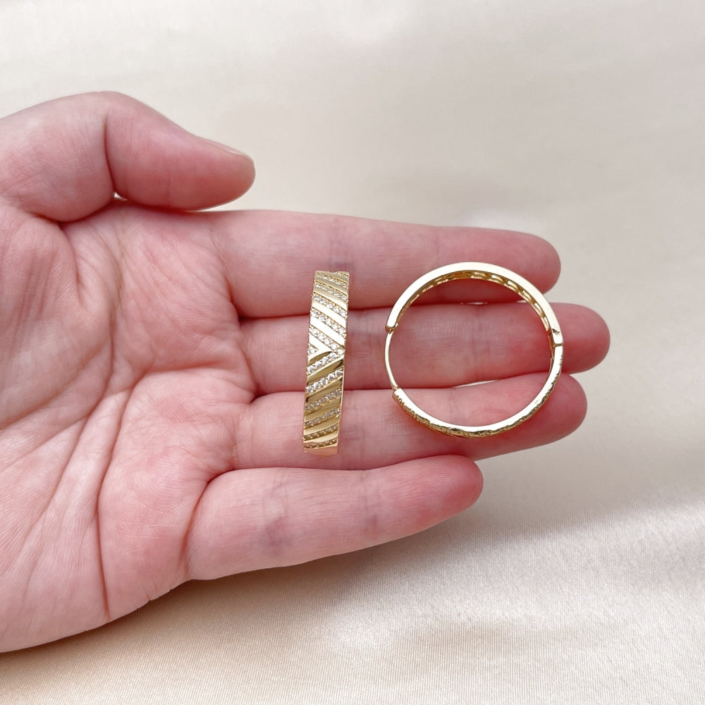 Oro Laminado Huggie Hoop, Gold Filled Style with White Micro Pave, Polished, Golden Finish