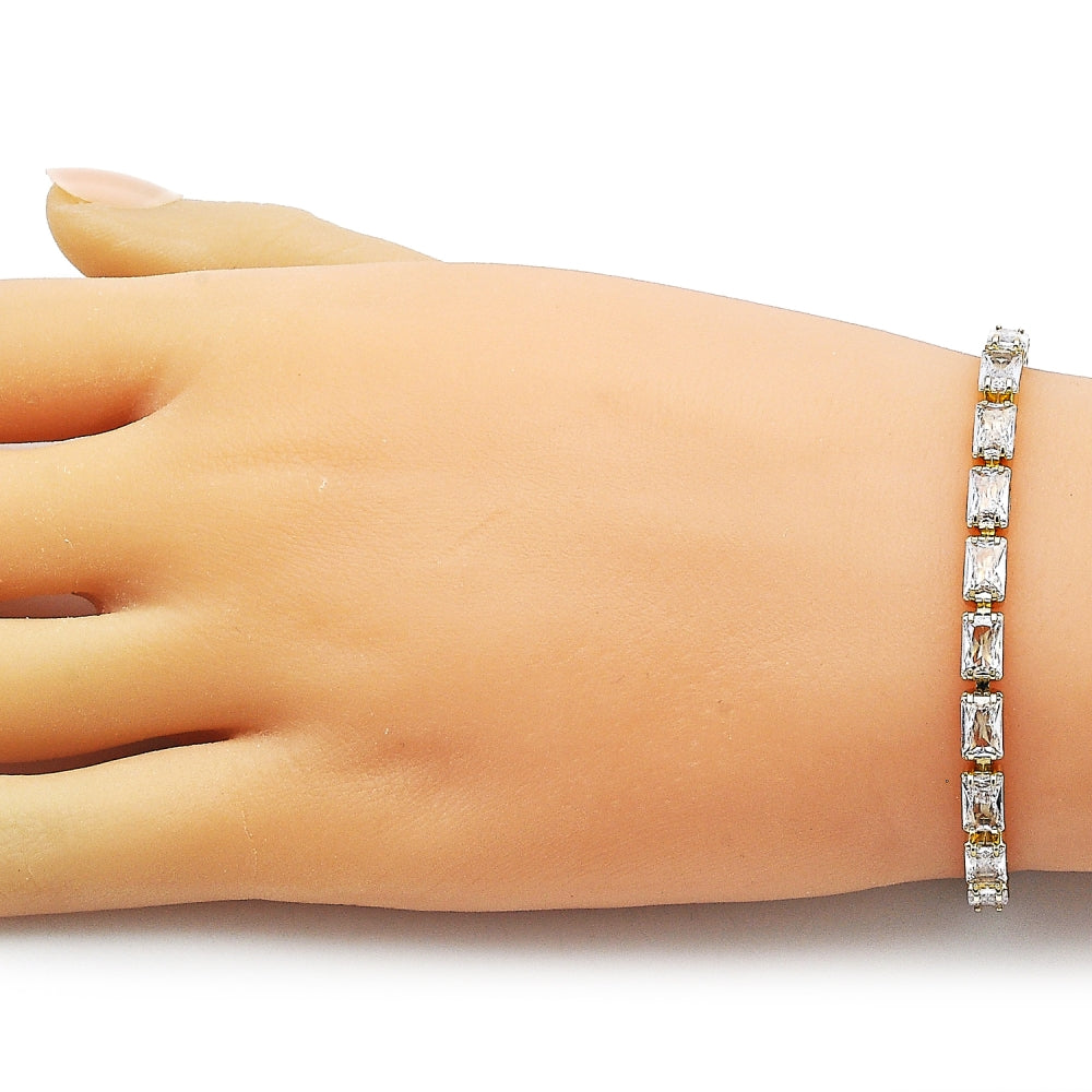 Oro Laminado Tennis Bracelet, Gold Filled Style Baguette Design, with White Cubic Zirconia, Polished, Golden Finish
