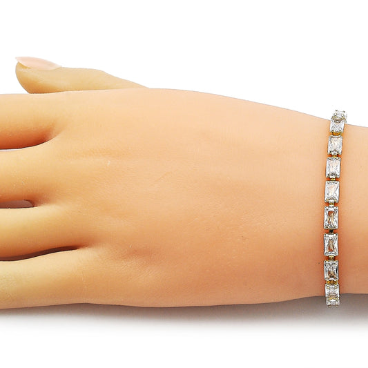 Oro Laminado Tennis Bracelet, Gold Filled Style Baguette Design, with White Cubic Zirconia, Polished, Golden Finish
