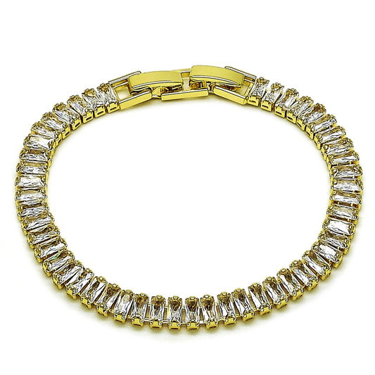 Oro Laminado Tennis Bracelet, Gold Filled Style Baguette Design, with White Cubic Zirconia, Polished, Golden Finish