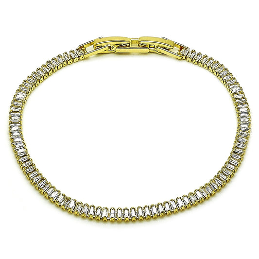 Oro Laminado Tennis Bracelet, Gold Filled Style Baguette Design, with White Cubic Zirconia, Polished, Golden Finish