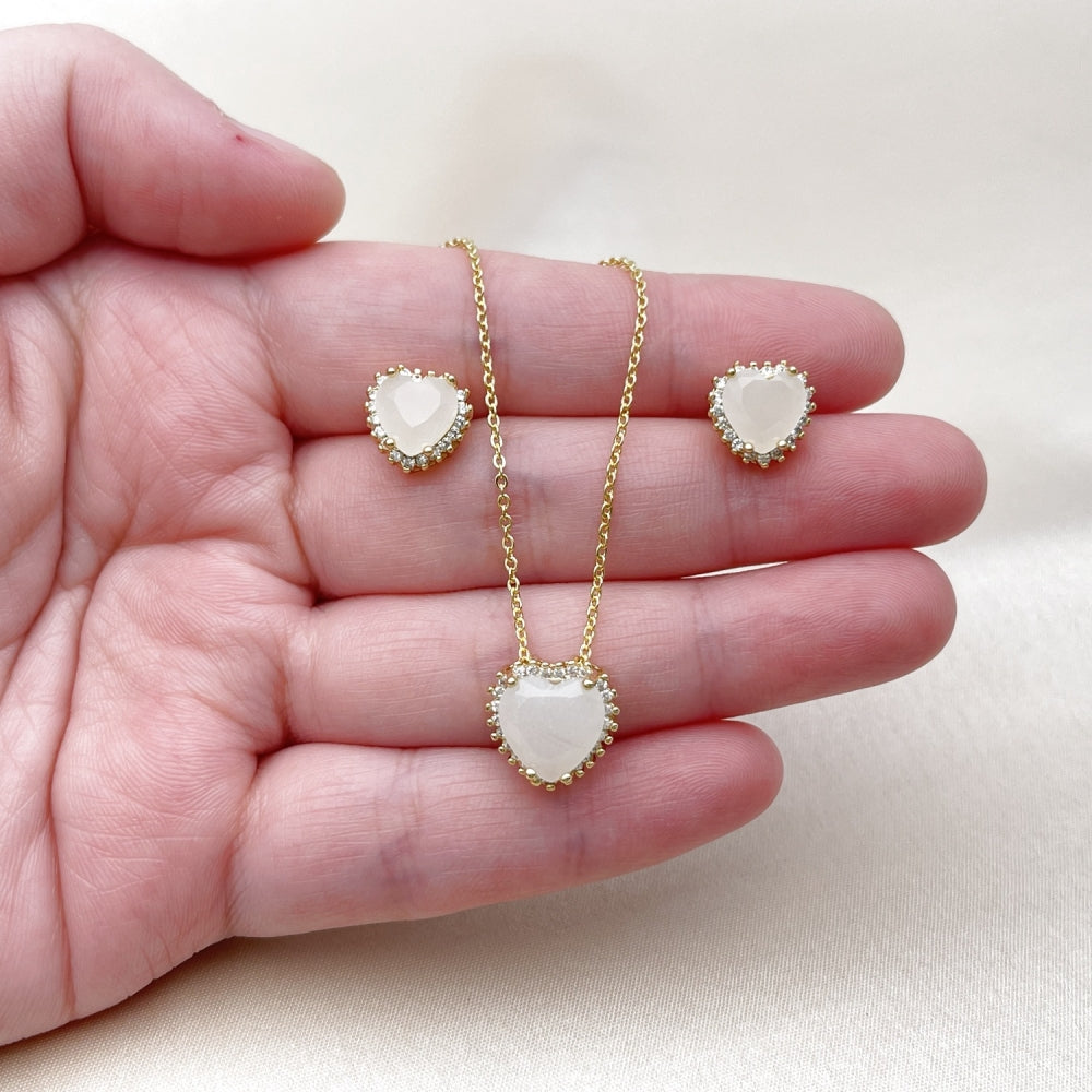 Oro Laminado Earring and Pendant Adult Set, Gold Filled Style Heart and Cluster Design, with White Cubic Zirconia and White Micro Pave, Polished, Golden Finish