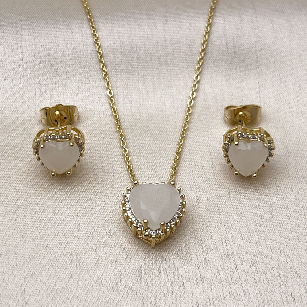 Oro Laminado Earring and Pendant Adult Set, Gold Filled Style Heart and Cluster Design, with White Cubic Zirconia and White Micro Pave, Polished, Golden Finish