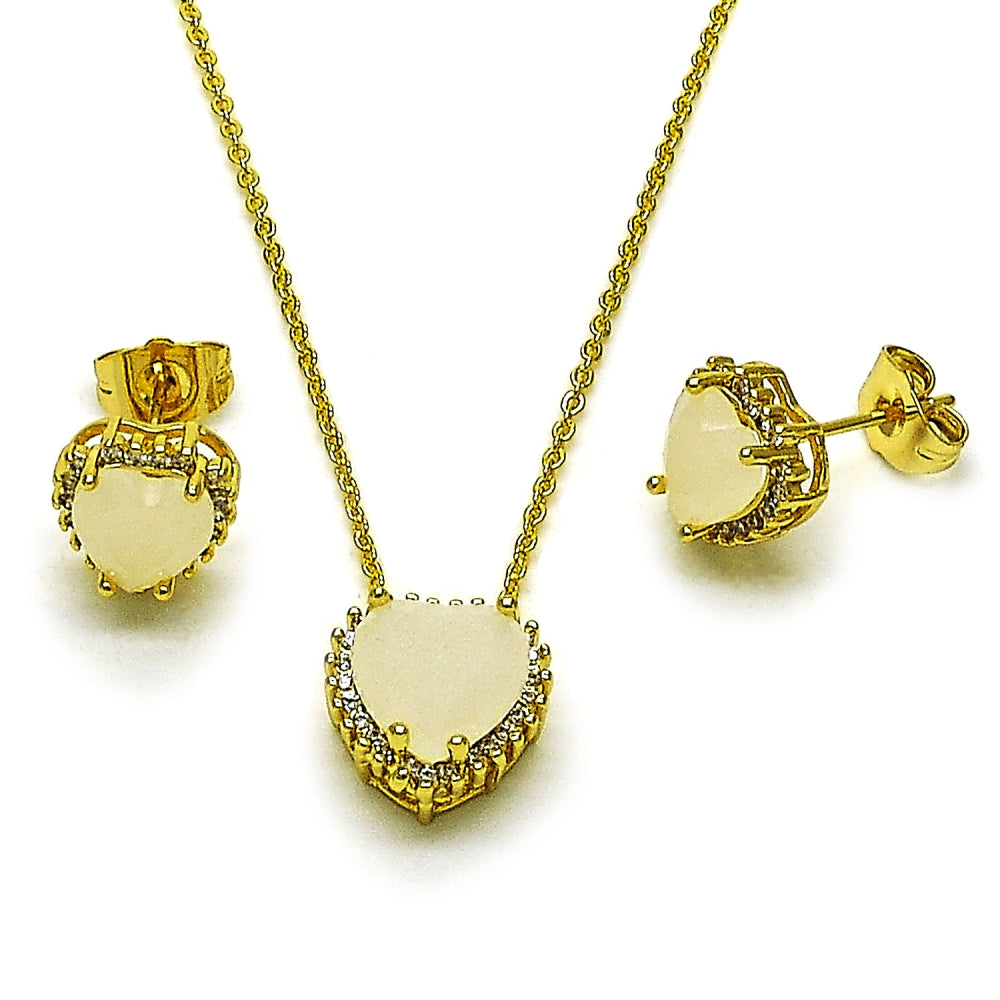 Oro Laminado Earring and Pendant Adult Set, Gold Filled Style Heart and Cluster Design, with White Cubic Zirconia and White Micro Pave, Polished, Golden Finish