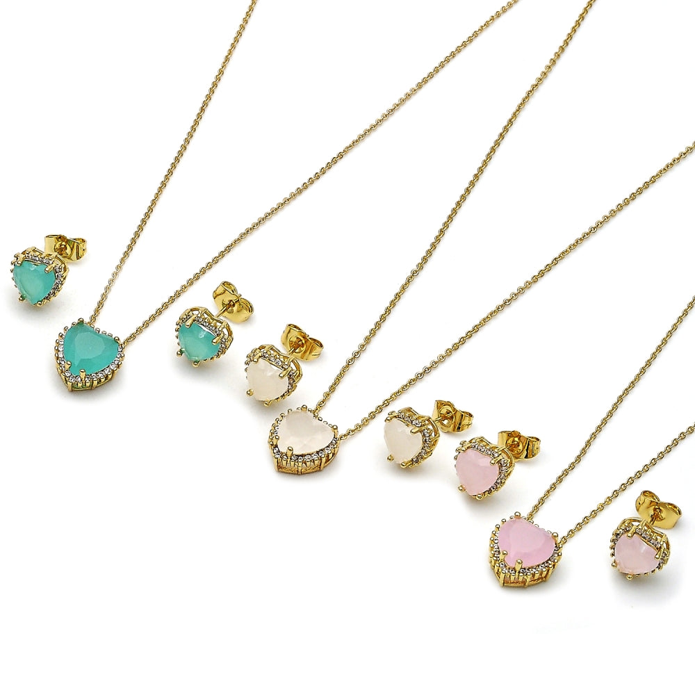 Oro Laminado Earring and Pendant Adult Set, Gold Filled Style Heart and Cluster Design, with White Cubic Zirconia and White Micro Pave, Polished, Golden Finish