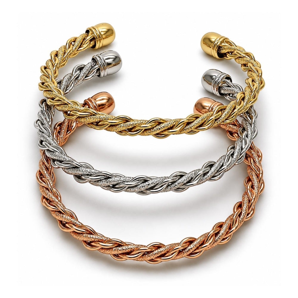 Oro Laminado Trio Bangle, Gold Filled Style Twist Design, Matte Finish, Tricolor